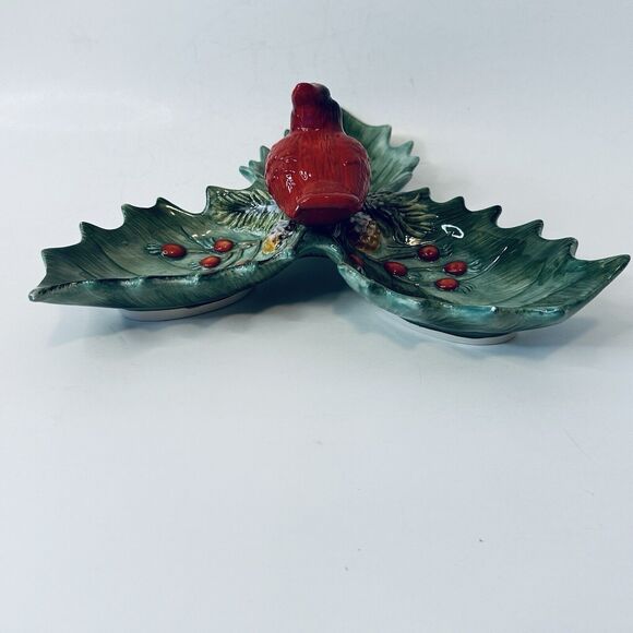 Christmas Traditions Cardinal Holly Ceramic Dish Holiday Red/Green 10" VTG - Picture 11 of 16